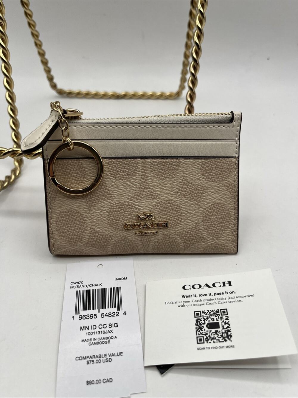 Coach CW870 Mini Skinny Id Case In Signature Canvas IM/SAND/CHALK Beige NWT